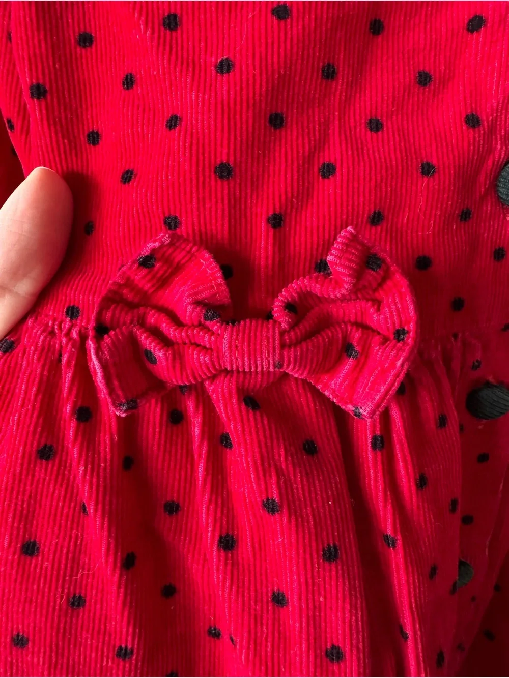 Vintage Osh Kosh B’Gosh‎ Red Corduroy Black Polka Dot Bow Dress Paper Tag Size 4